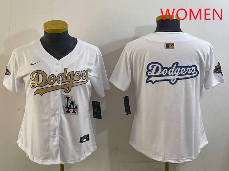 Women Los Angeles Dodgers Blank White Champion gold character 2025 Nike MLB Jersey style 18->women mlb jersey->Women Jersey